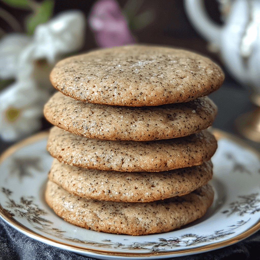 Golden-brown Earl Grey cookies arranged on a plate, showcasing their crisp edges and delicate texture, with visible flecks of tea leaves embedded in the dough