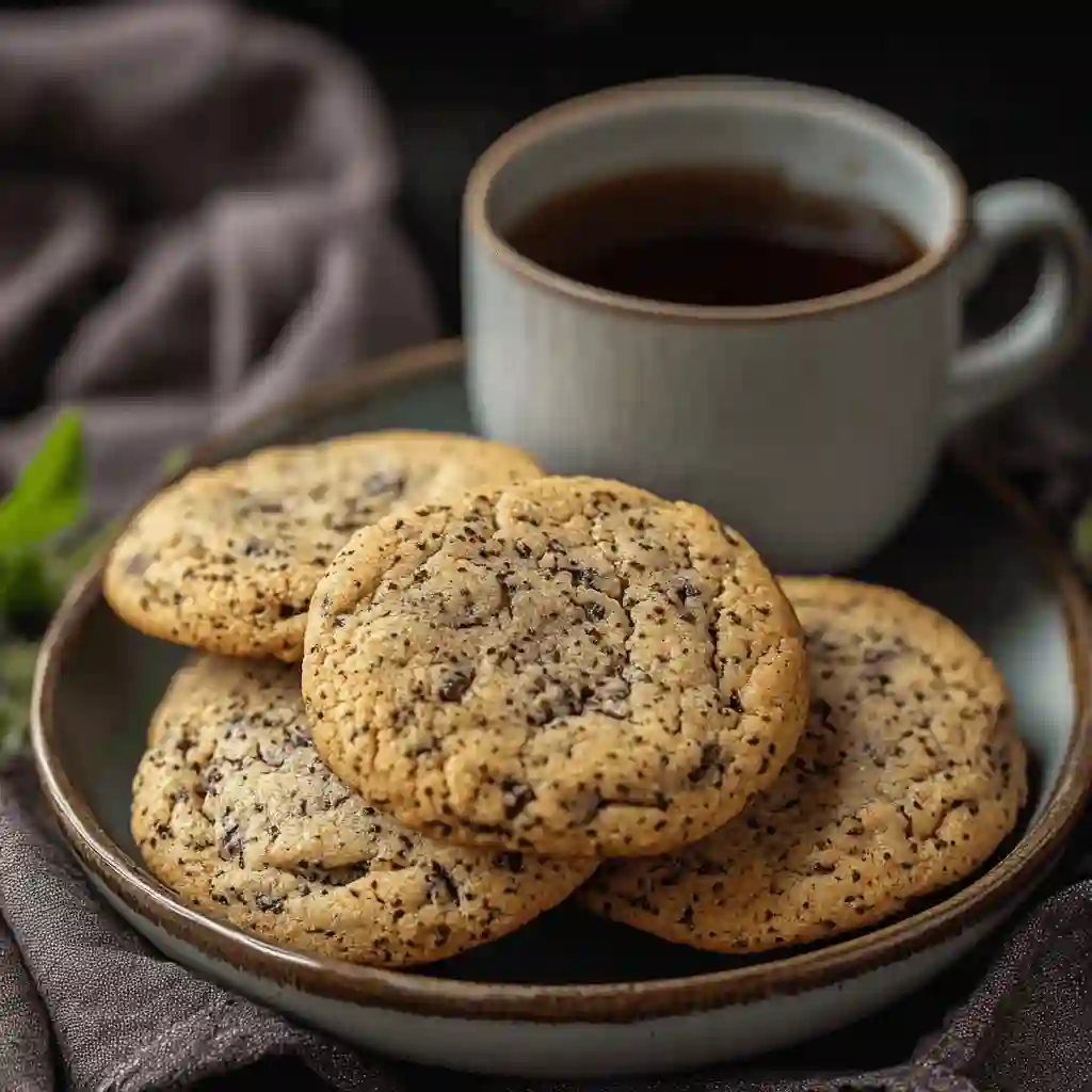A plate of Earl Grey cookies served alongside a steaming cup of freshly brewed Earl Grey tea, creating a cozy and inviting scene perfect for tea time.