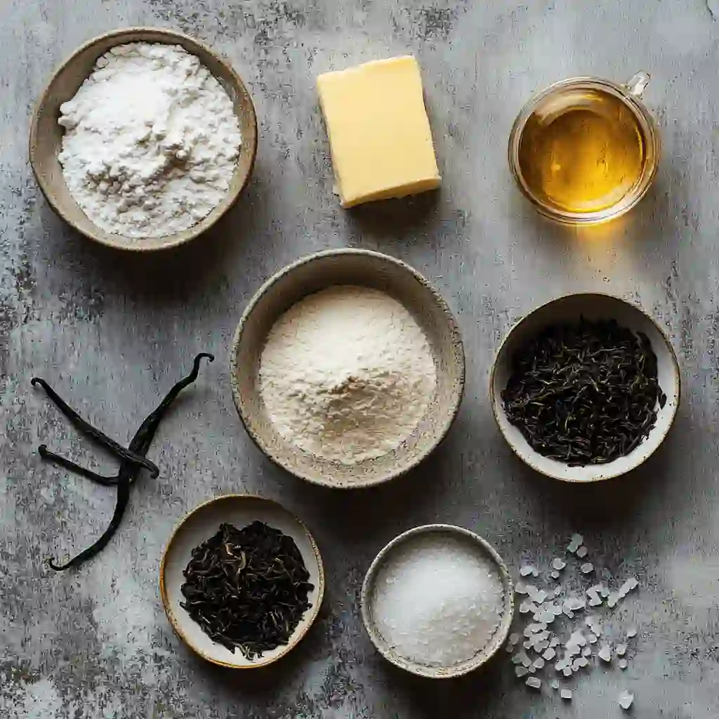 An assortment of ingredients for Earl Grey cookies laid out on a countertop