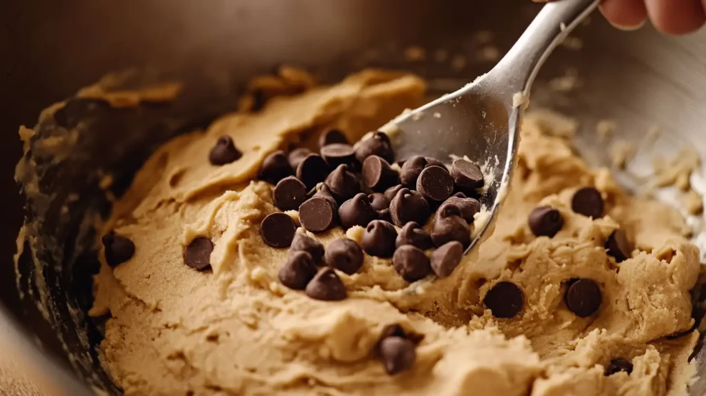 golden peanut butter cookie dough in a large mixing bowl, with a hand gently folding in chocolate chips. 