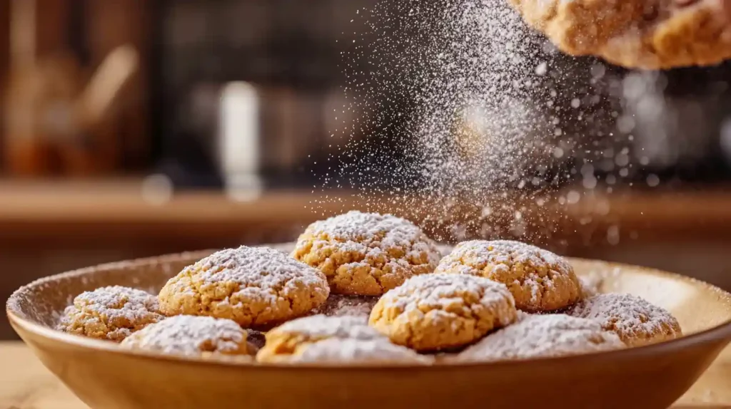 butter cookies being rolled in a bowl of fine powdered sugar