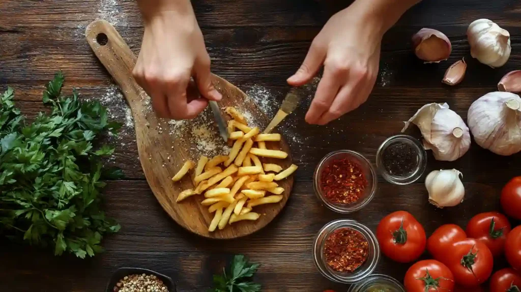 Cutting battered original seasoned fries