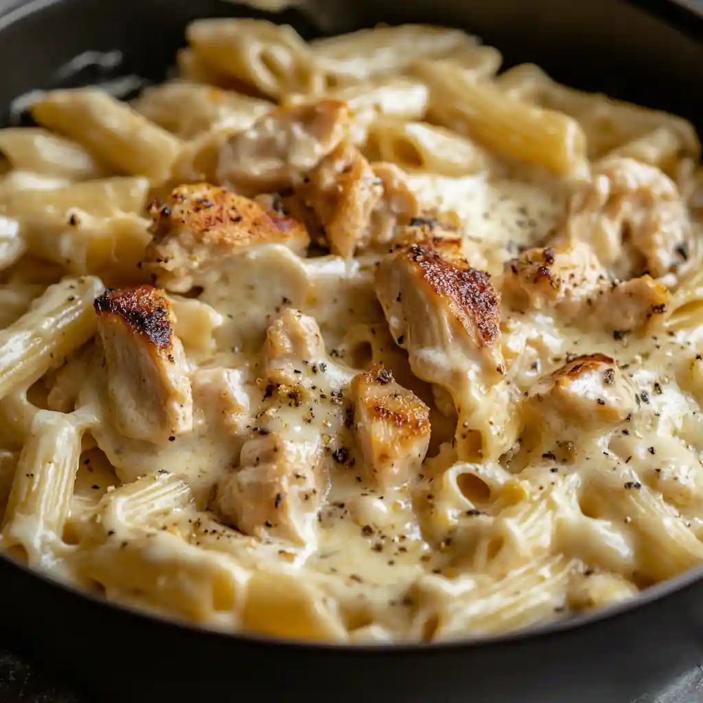 Drain and mix pasta with cheese sauce and marinated chicken pieces in boal