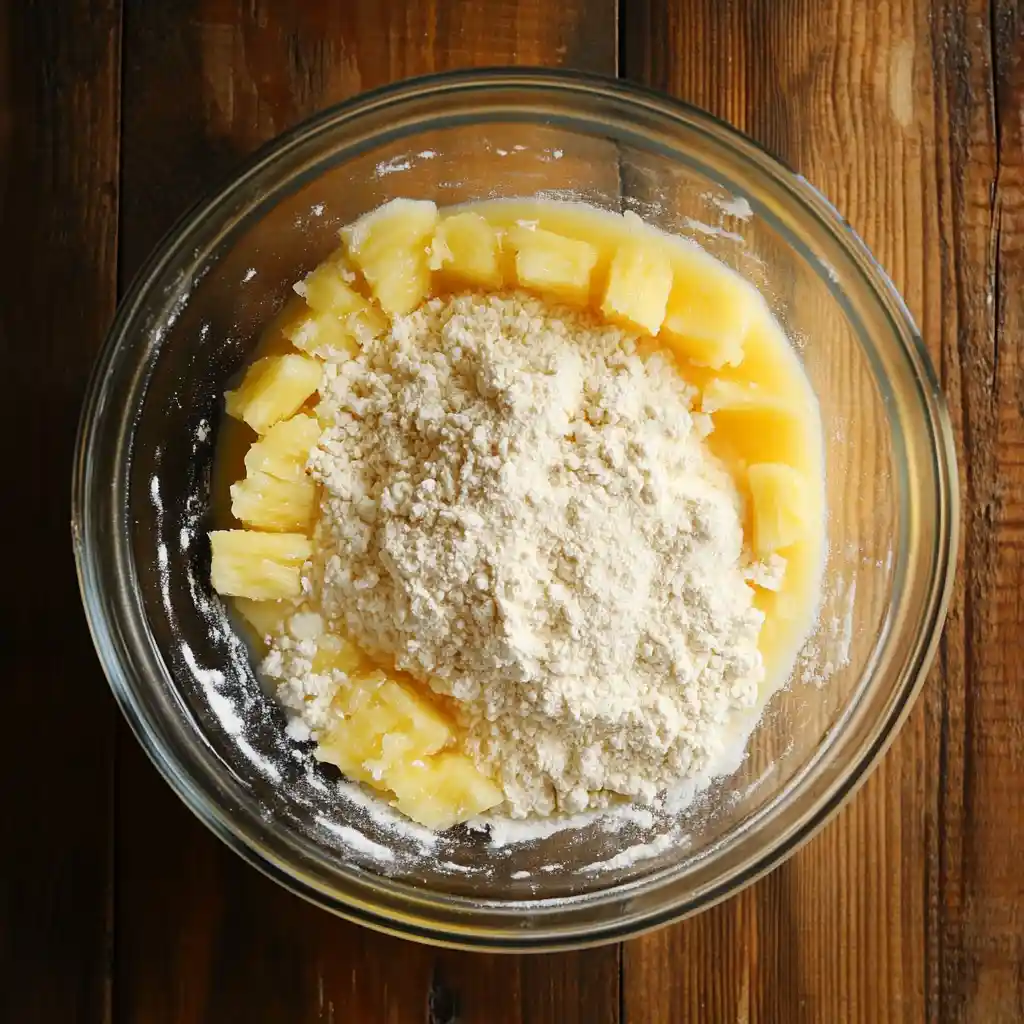 Mix flour, sugar, and saved pineapple juice in a bowl