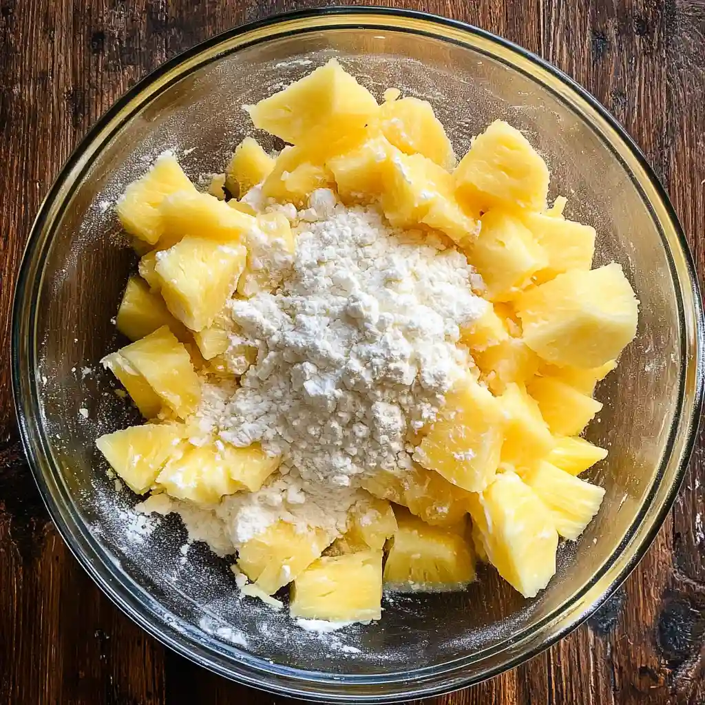 Mix pineapple, sugar, flour, and cheese in a big bowl