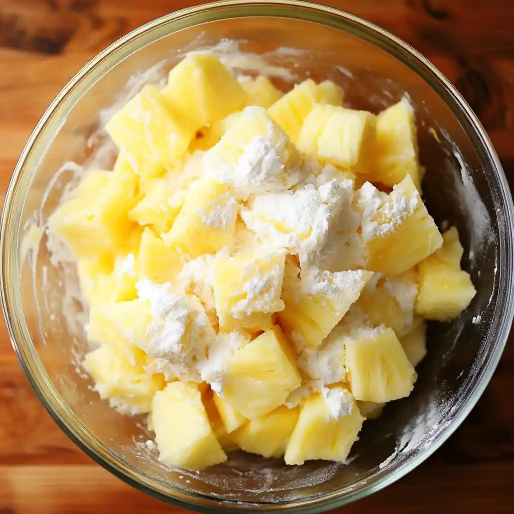 Mix sugar, flour, and cheese in a big bowl. Then, gently add the drained pineapple, making sure it's spread out evenly.