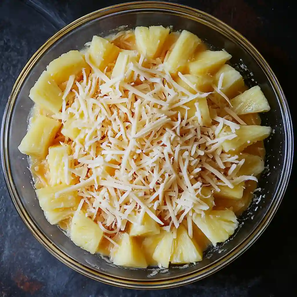 Spread shredded cheese over the pineapple mix 