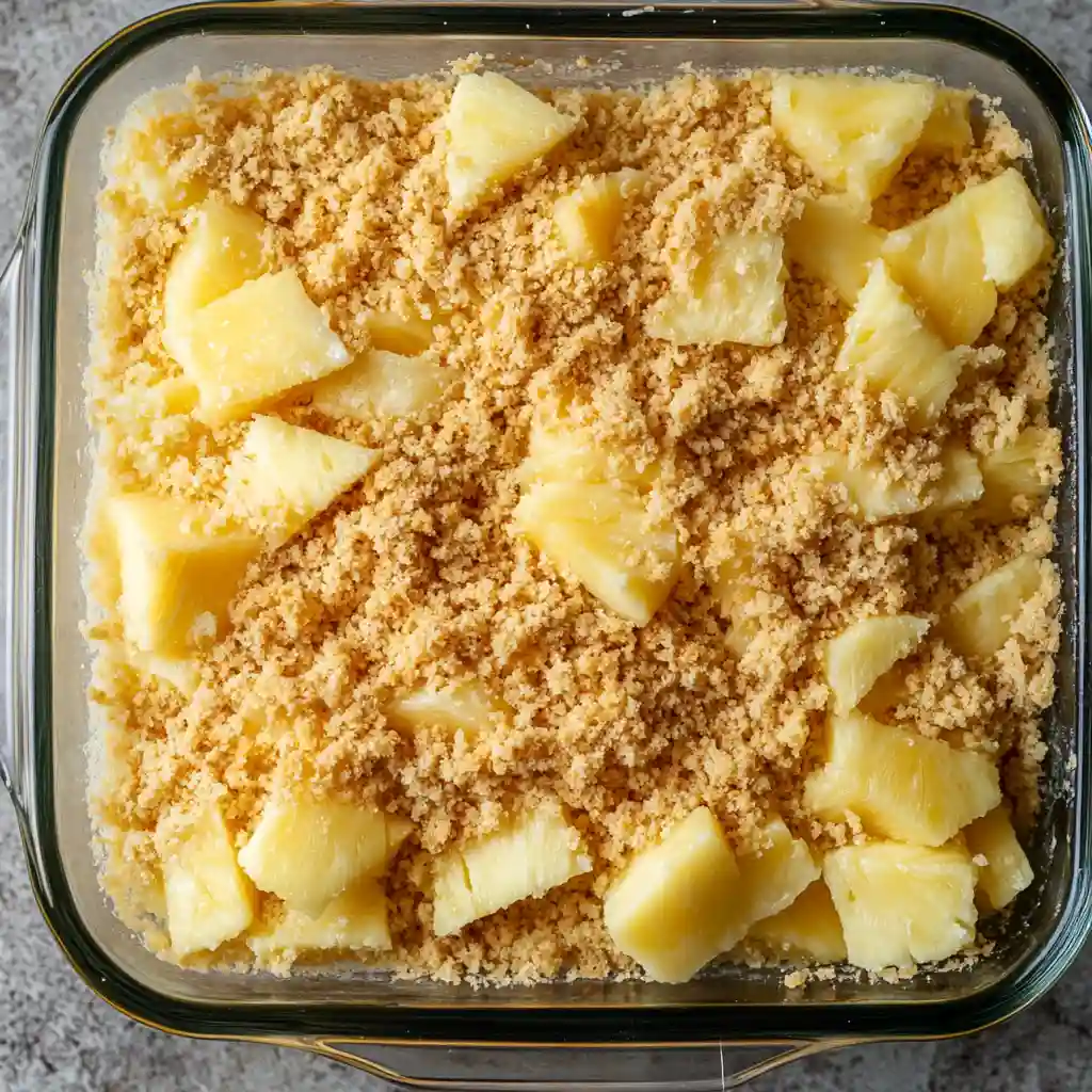 Spread the buttered cracker crumbs on top of pineapple casserole