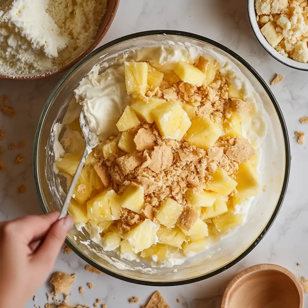 Sprinkle the cracker topping over the pineapple mix