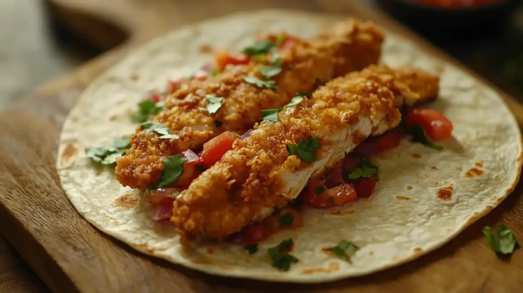 A warm tortilla a crispy chicken strip placed in the center