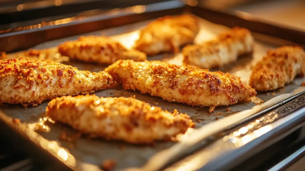 Crispy breaded chicken inside a hot oven