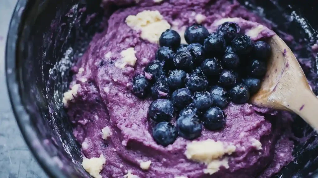 Dough mixed with mashed Blueberries in boal
blueberries bagels​