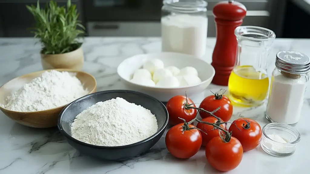 this ingridients: flour, olive oil, saalt, sugar, Tomatoes, mozzarella, Basil, Parmesan cheese on the table of the kitchen