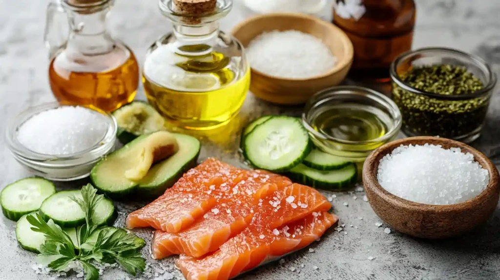 rice vinegar, oil, sugar, slices salmon, salt, avocado, cucumber, pickled ginger, tobiko