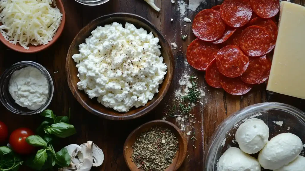 cottage cheese pizza bowl ingridients: cottage cheese, marinara, mozzarella cheese, pepperoni, Italian seasoning on the table of the kitchen