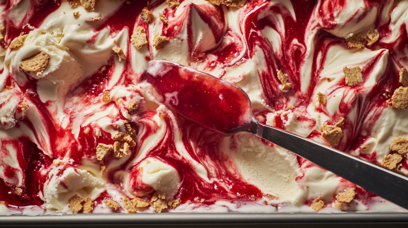 swirling and layering techniques for Strawberry Cheesecake Ice Cream: