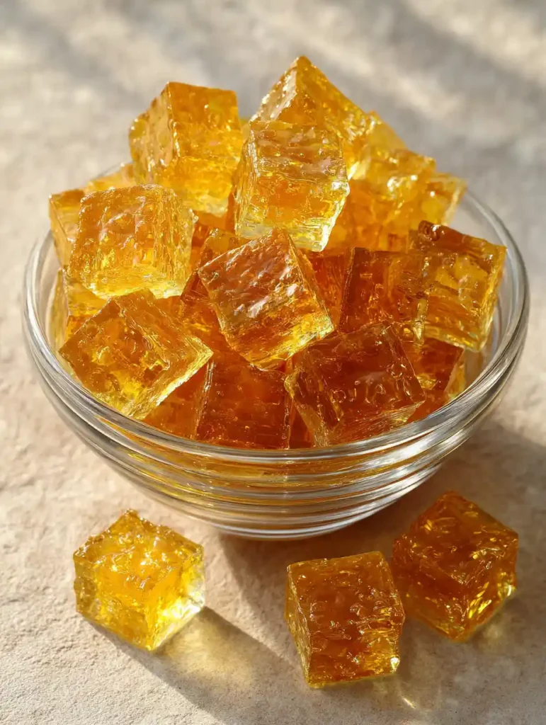 Small homemade gelatin cubes in a clear glass bowl on a kitchen table, often shown in discussions about the gelatin trick for weight loss