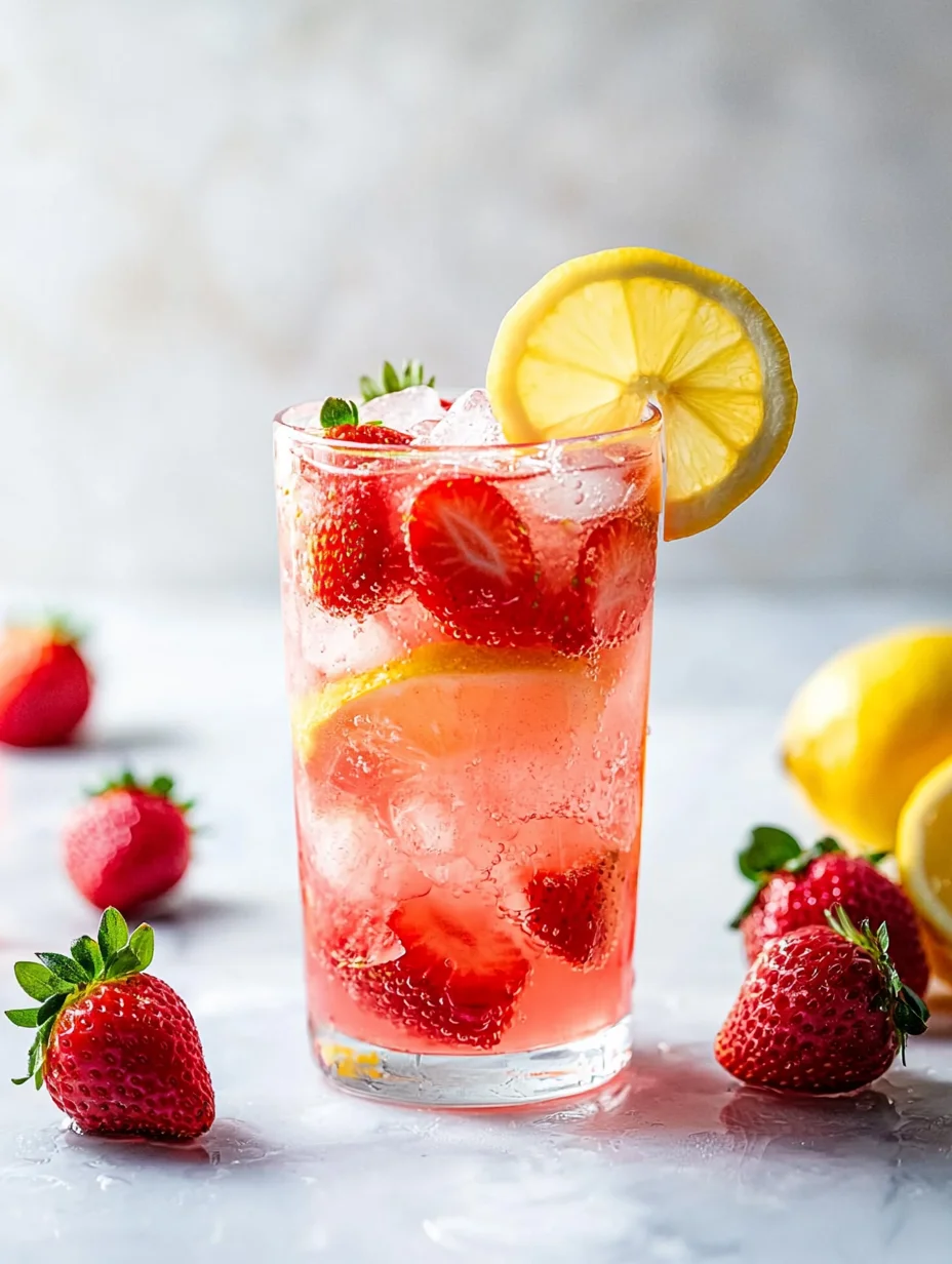 Tall glass of pink strawberry lemonade with fresh strawberries and ice cubes
