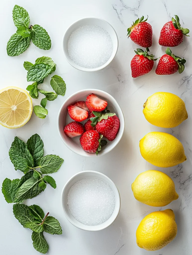 Fresh red strawberries, lemons, sugar, and water arranged on white wooden table