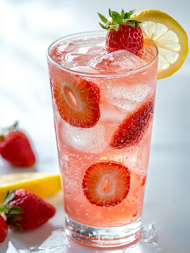 Two chilled glasses of homemade strawberry lemonade garnished with strawberry slices and mint