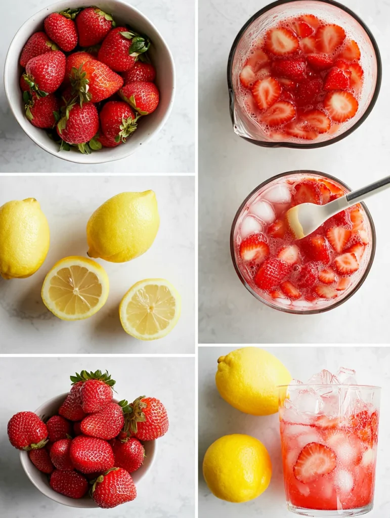Blender pitcher filled with strawberry lemonade mixture being poured into clear glass