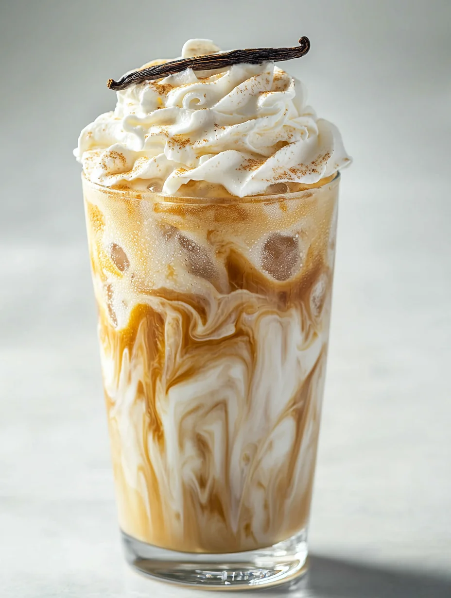 Tall glass of creamy vanilla iced coffee with whipped cream topping and ice cubes