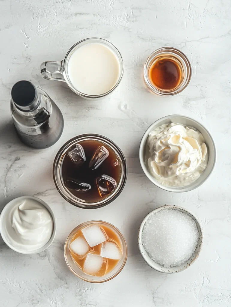 Vanilla iced coffee ingredients laid out including coffee beans, milk, vanilla extract, and ice