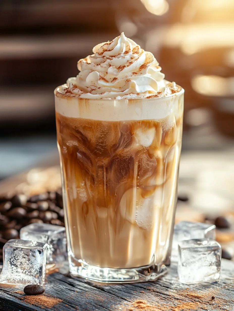 Finished vanilla iced coffee drink garnished with whipped cream served in clear glass