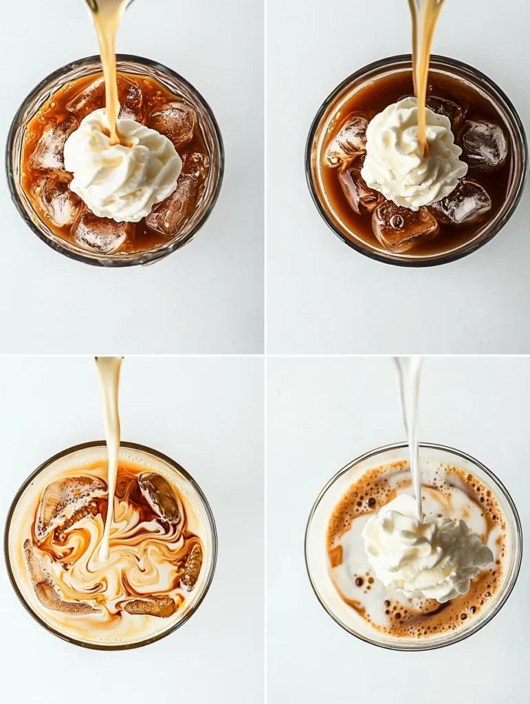 Pouring cold brew coffee into glass with vanilla syrup and milk for easy iced coffee