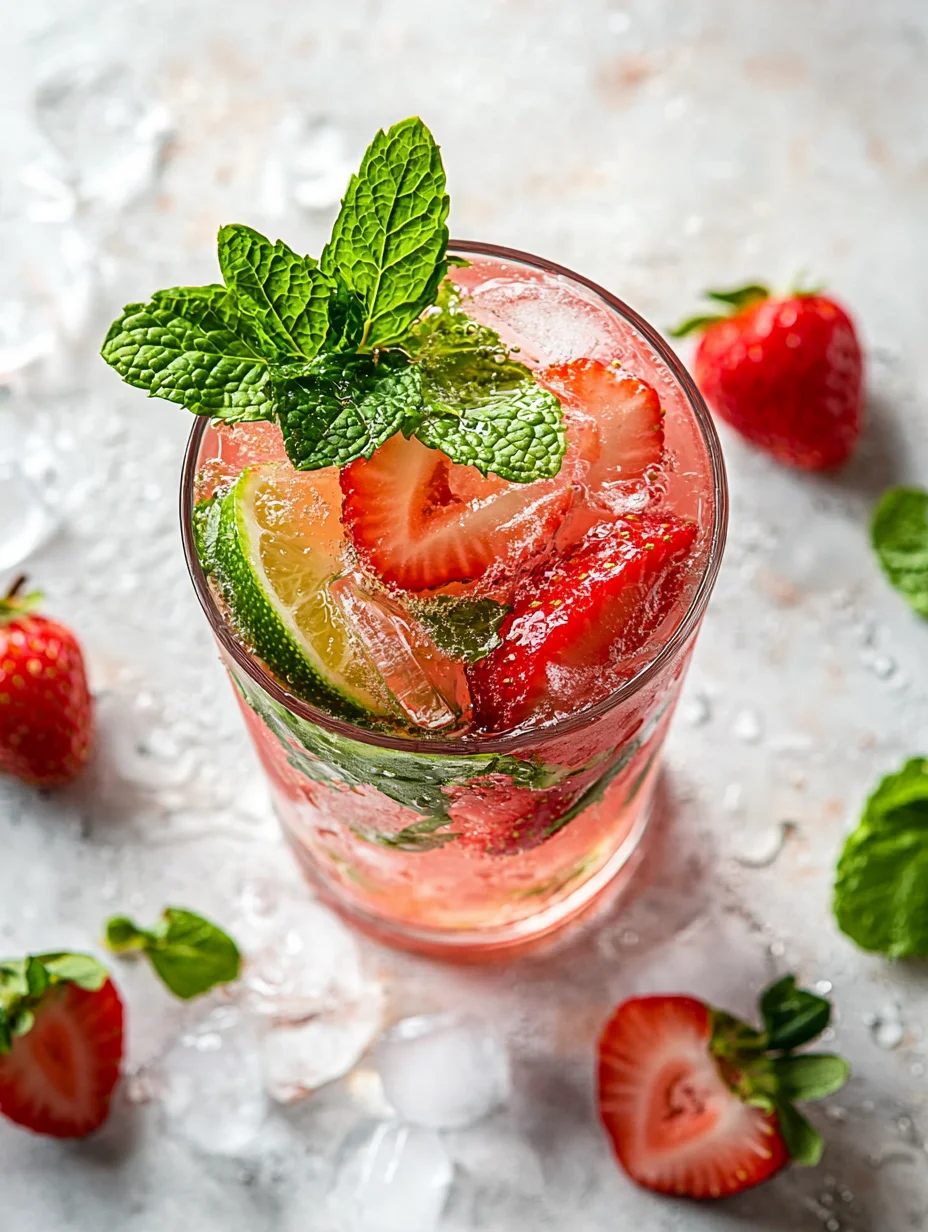 Refreshing strawberry mojito mocktail with fresh mint leaves and ice in a tall glass