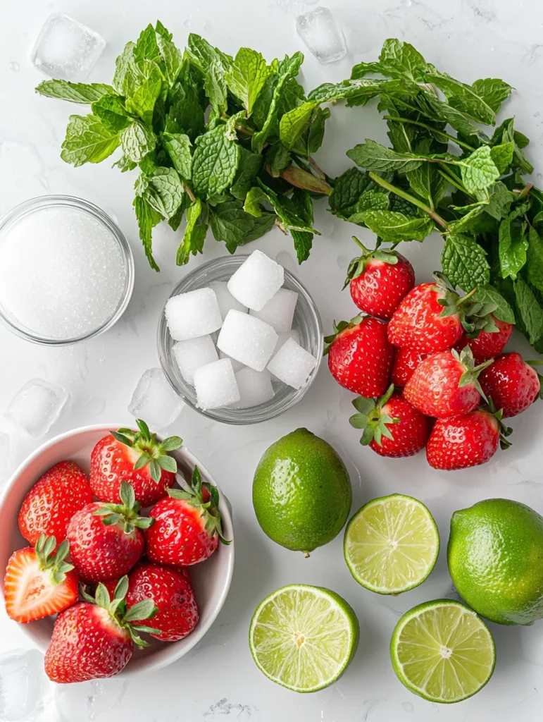 Fresh strawberries, lime wedges, mint leaves, sugar, and sparkling water arranged on wooden board