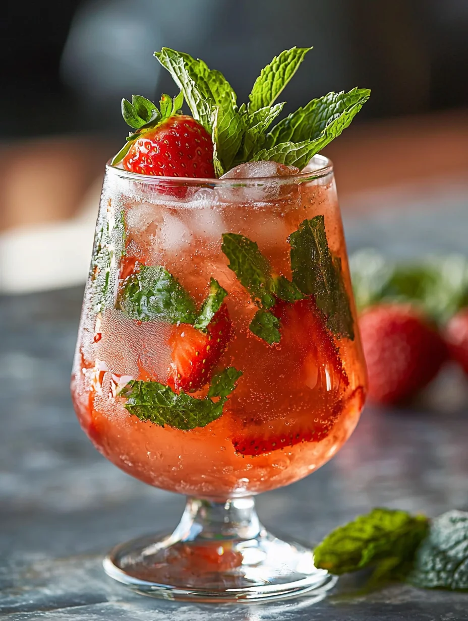 Chilled strawberry mojito mocktail garnished with mint sprig and strawberry slice in highball glass