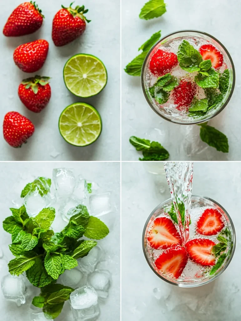 Muddling fresh strawberries and mint in a glass with sugar and lime juice for mocktail