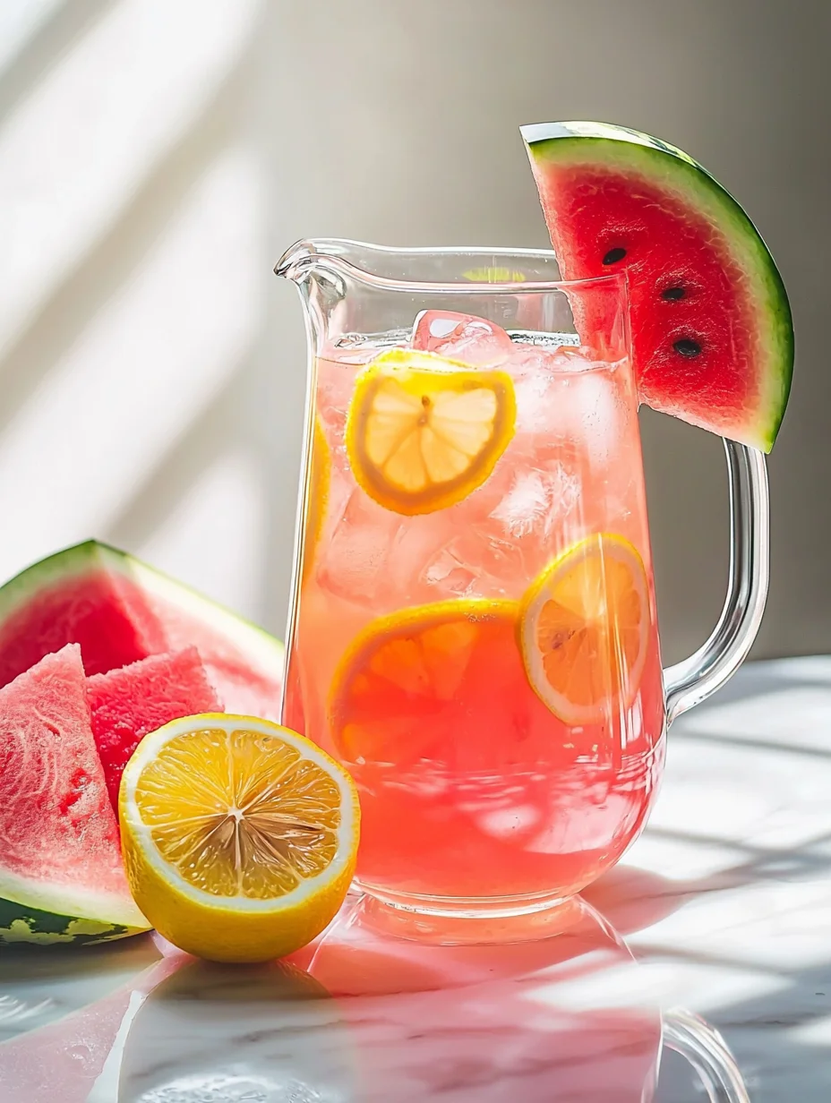 Tall glass of pink watermelon lemonade with fresh mint and ice cubes on sunny table
