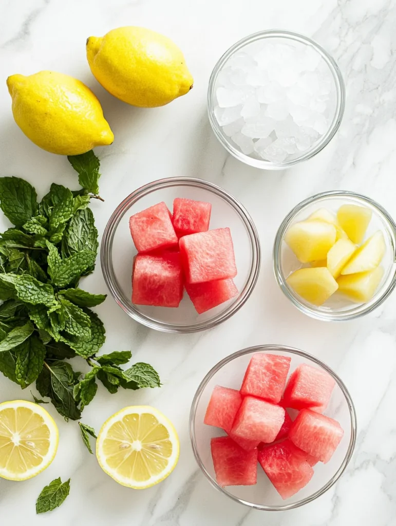 Fresh watermelon chunks, ripe lemons, sugar, and mint leaves arranged on wooden cutting board
