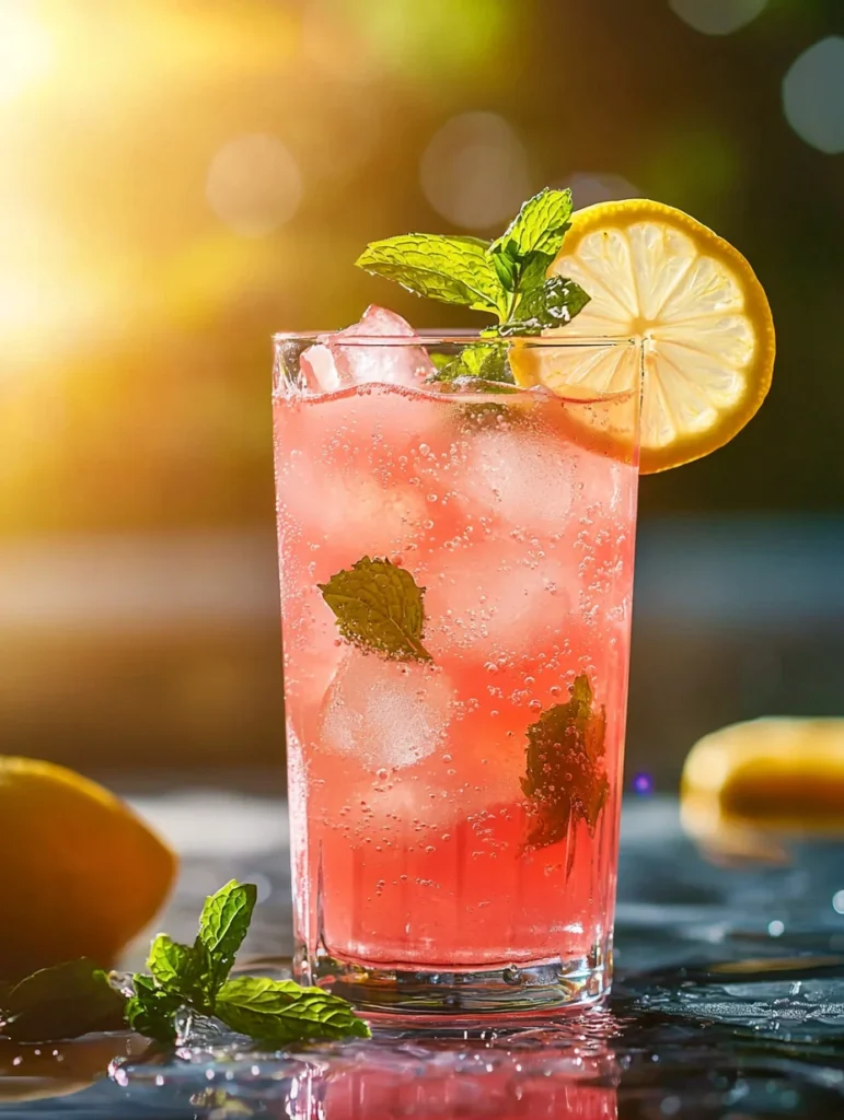 Refreshing watermelon lemonade served in glasses garnished with watermelon slices and mint sprigs