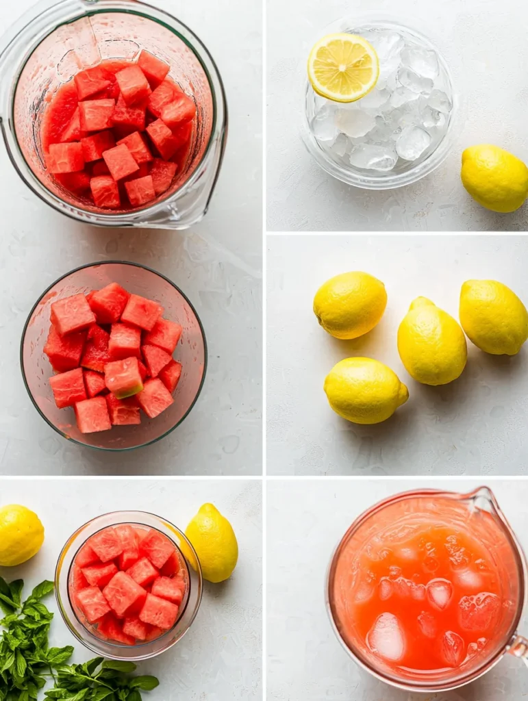 Blending fresh watermelon puree with lemon juice in a clear glass pitcher with ice