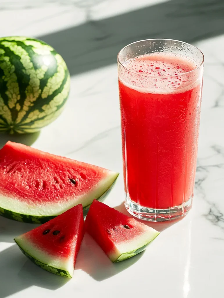 Fresh watermelon juice in clear glass with ice cubes and mint leaf garnish on wooden table