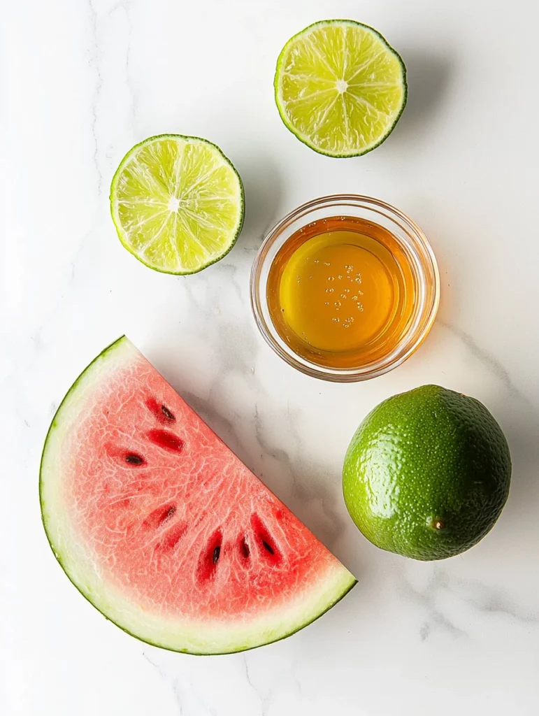 Whole ripe watermelon, fresh limes, and white sugar arranged on rustic kitchen counter