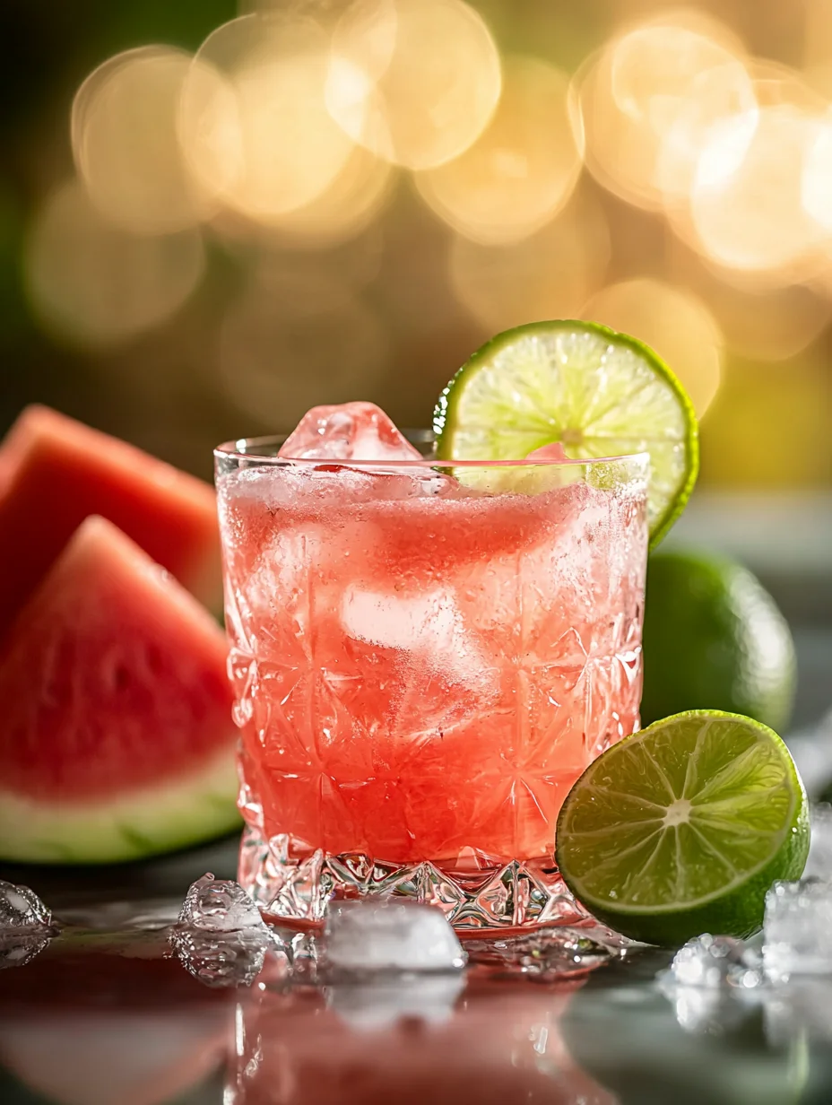 Three tall glasses of homemade watermelon juice served chilled with lime slices and fresh mint