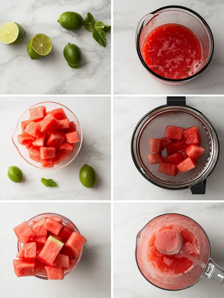 Blending diced watermelon chunks in food processor creating smooth vibrant pink juice mixture