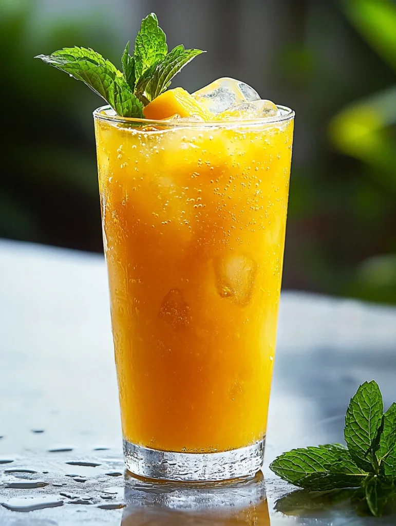 Refreshing 3 ingredient watermelon juice with fresh mango slices and ice in tall glass
