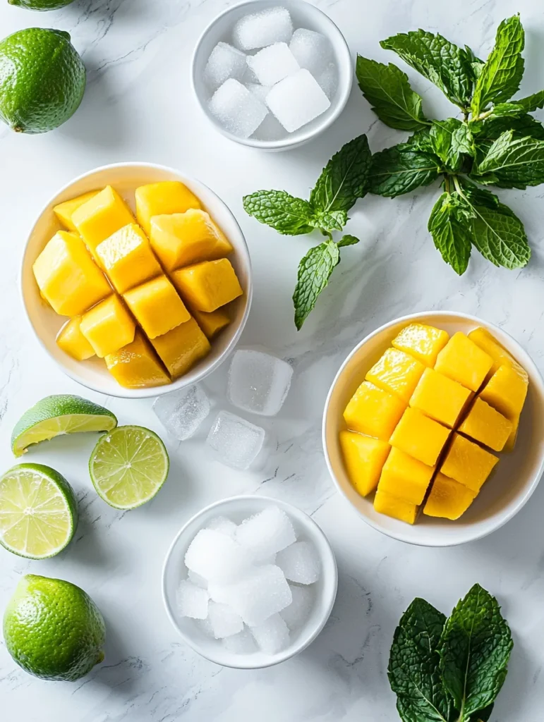 Fresh ripe mangoes, lime, mint leaves, and sugar arranged on wooden cutting board