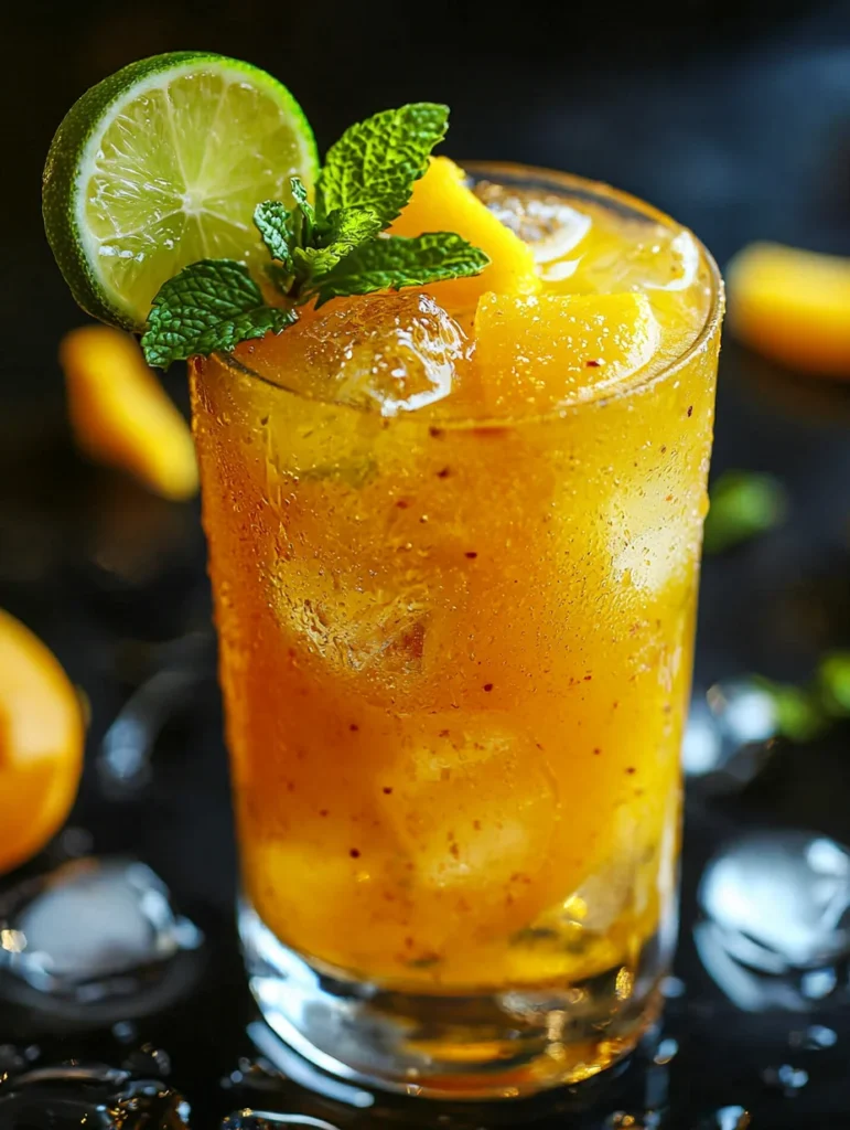 Tall glass of chilled mango cooler topped with mint garnish and mango slice