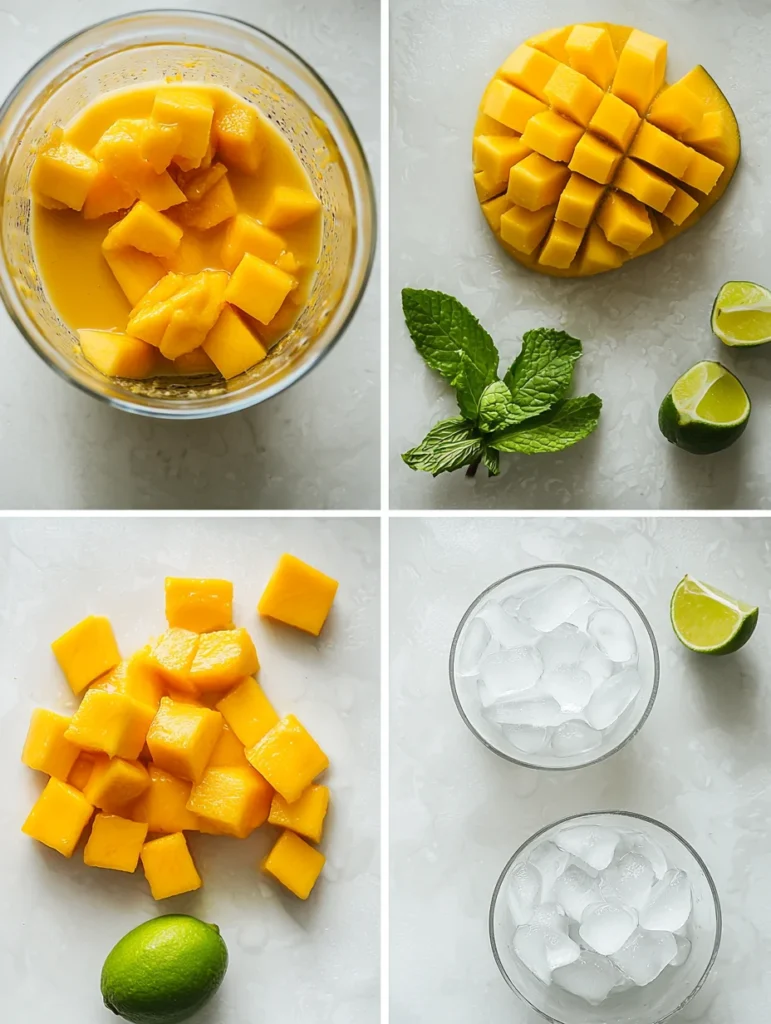 Blending fresh mango puree with ice and lime juice in kitchen blender