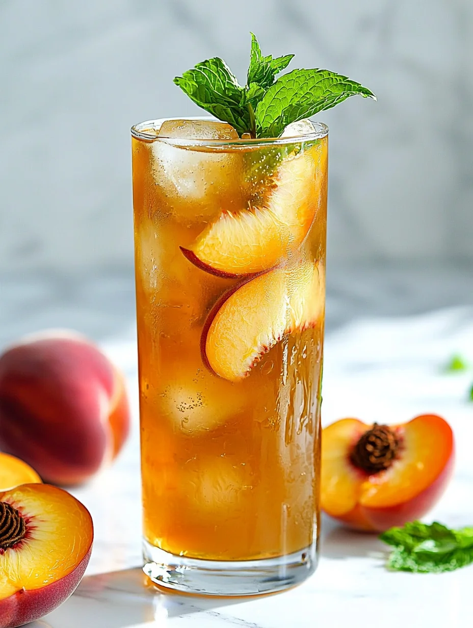Tall glass of refreshing homemade peach iced tea with fresh peach slices and ice cubes