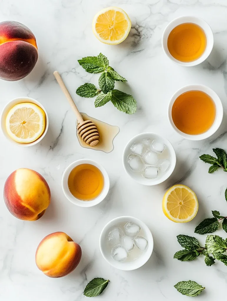 Fresh peaches, black tea bags, lemon slices, and honey arranged on rustic wooden surface