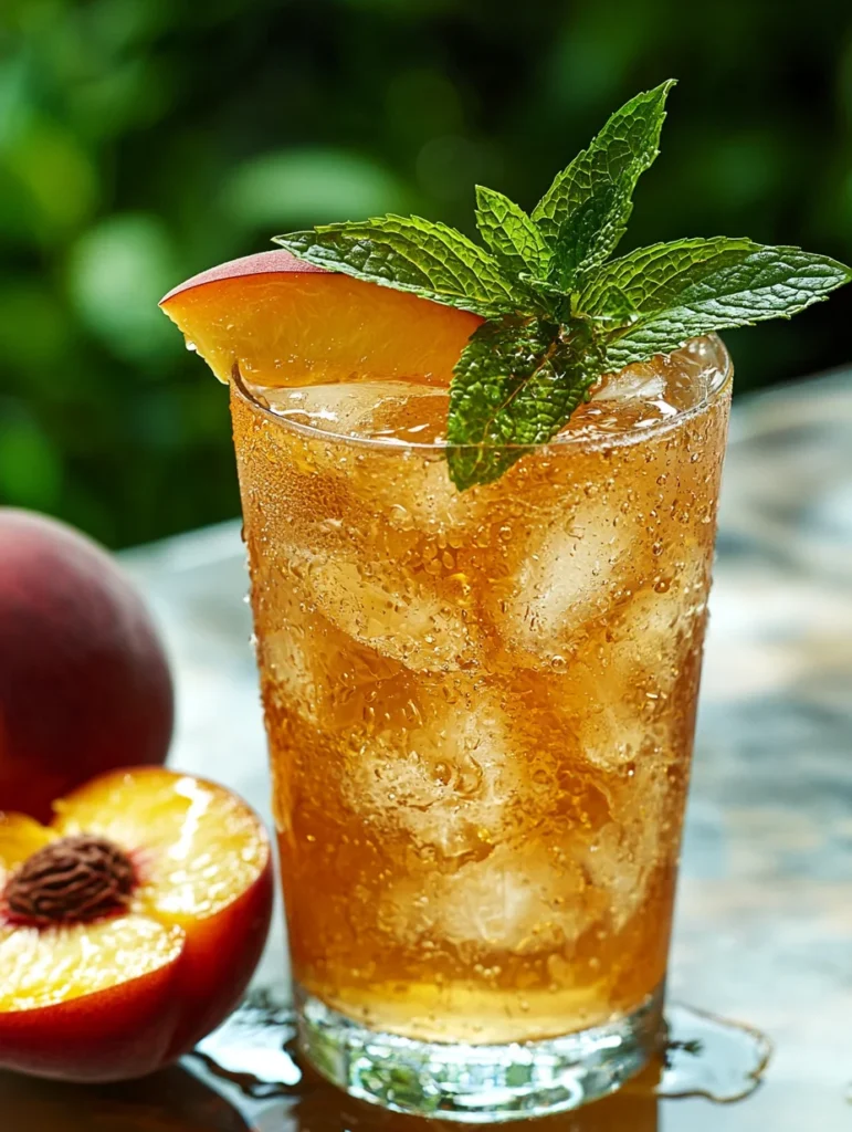 Two chilled glasses of homemade peach iced tea with peach wedges and mint leaf garnish