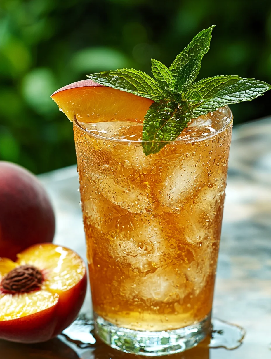 Two chilled glasses of homemade peach iced tea with peach wedges and mint leaf garnish