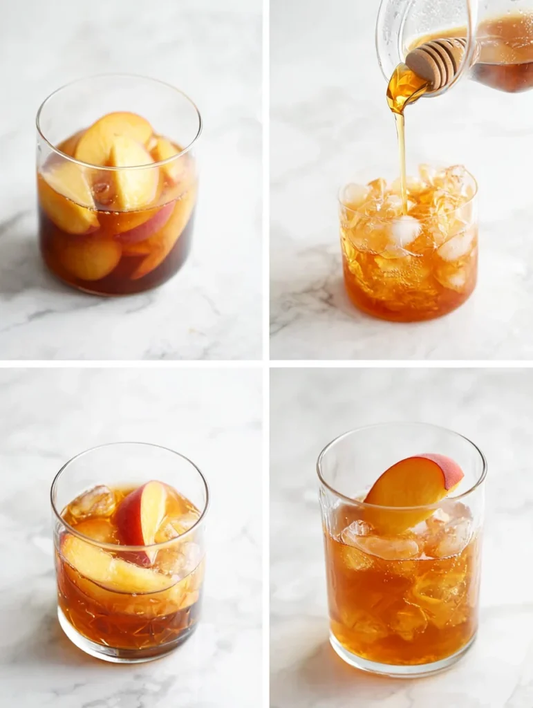 Pouring brewed peach tea from pitcher into glass filled with ice and peach garnish
